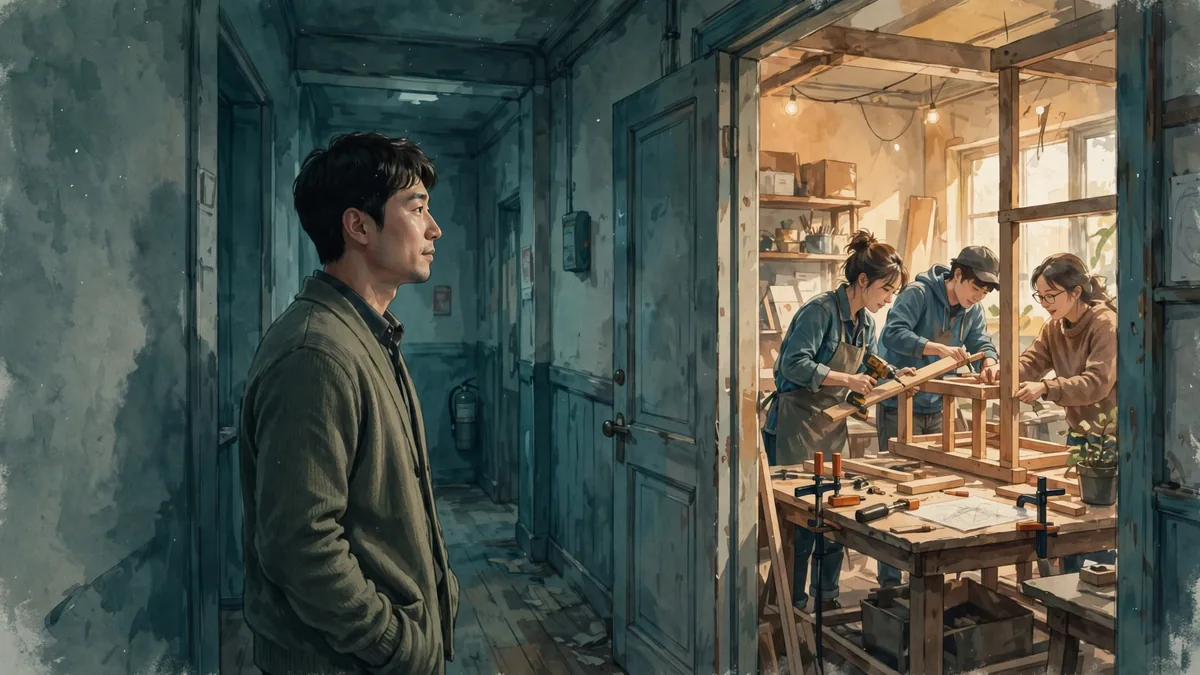 밝은 방 안에서 무언가 만드는 사람들을 문 밖에서 바라보는 모습