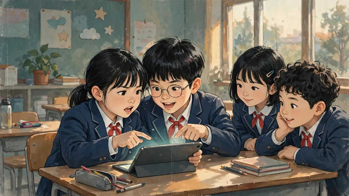 태블릿 하나를 같이 보며 어디에 지을지를 두고 서로 다른 의견을 내는 아이들